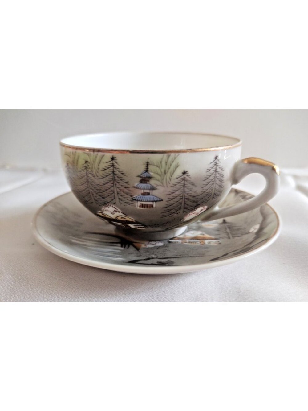 Japanese Hayasi Kutani Porcelain Hand Painted Tea Cup Set with lithophane image